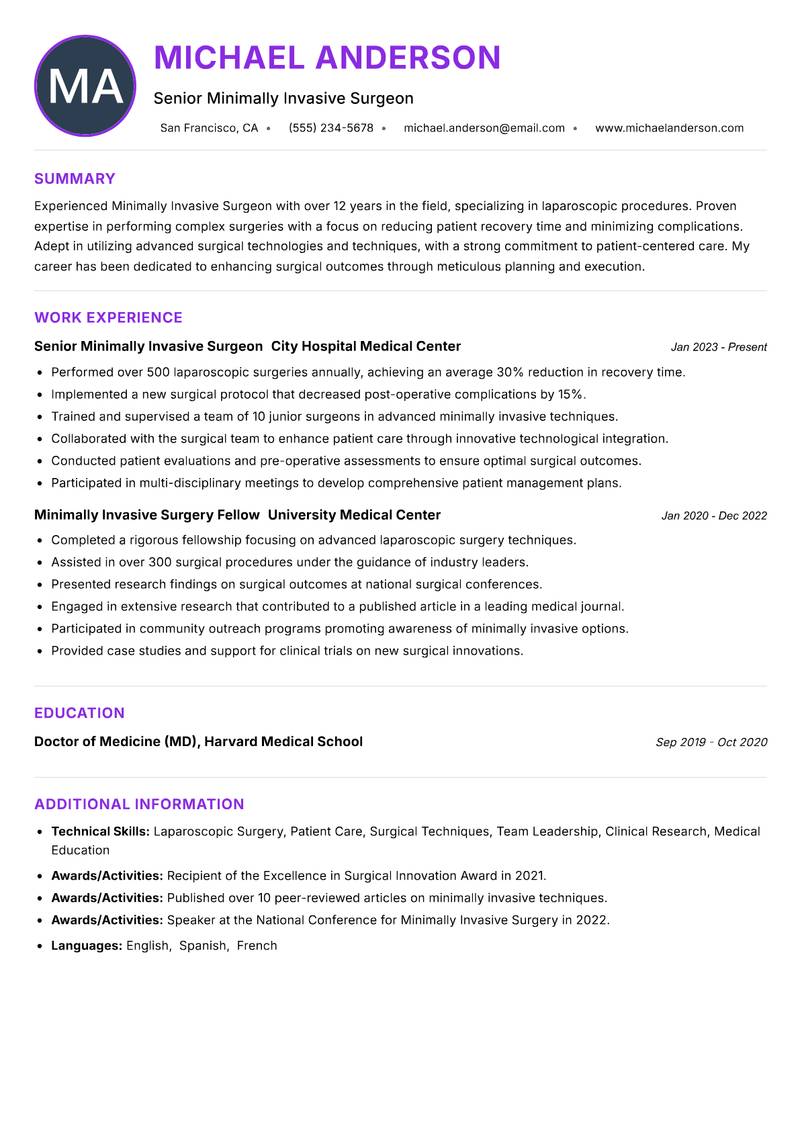 Minimally Invasive Surgeon resume example