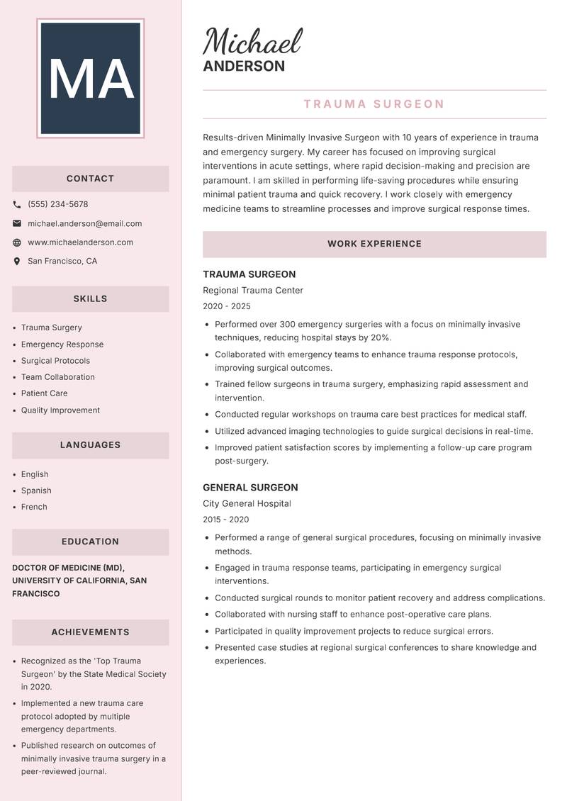 Minimally Invasive Surgeon resume sample — Trauma Surgeon focus