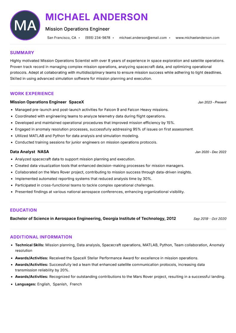 Mission Operations Scientist resume example