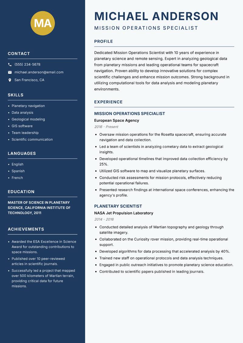 Mission Operations Scientist resume sample — Mission Operations Specialist focus