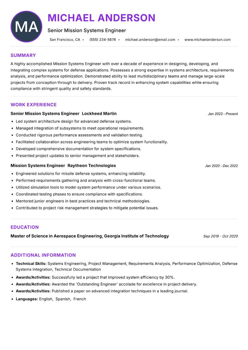 Mission Systems Engineer resume example