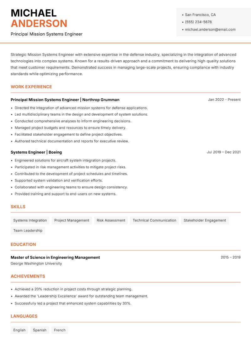 Mission Systems Engineer resume sample — Principal Mission Systems Engineer focus