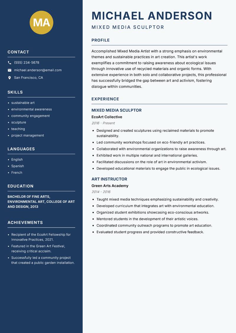 Mixed Media Artist resume sample — Mixed Media Sculptor focus