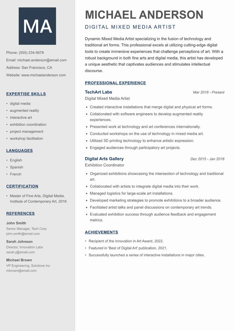 Mixed Media Artist resume sample — Digital Mixed Media Artist focus