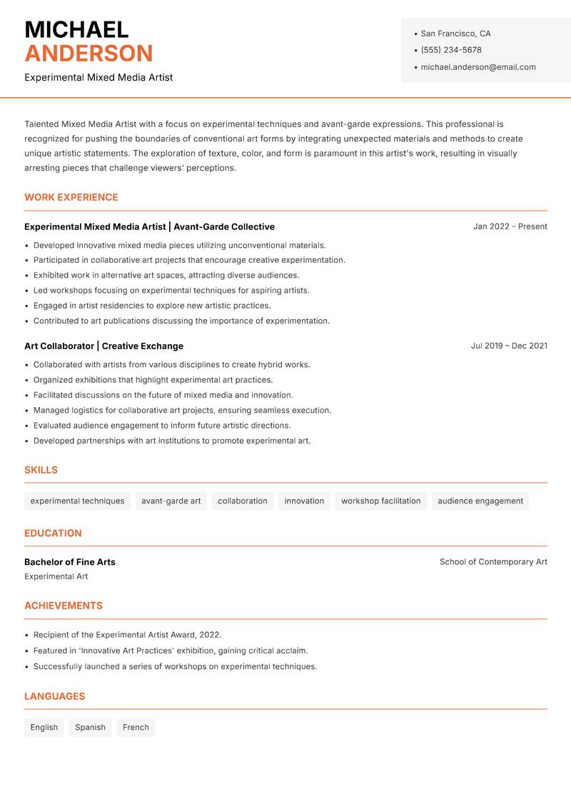 Mixed Media Artist resume sample — Experimental Mixed Media Artist focus