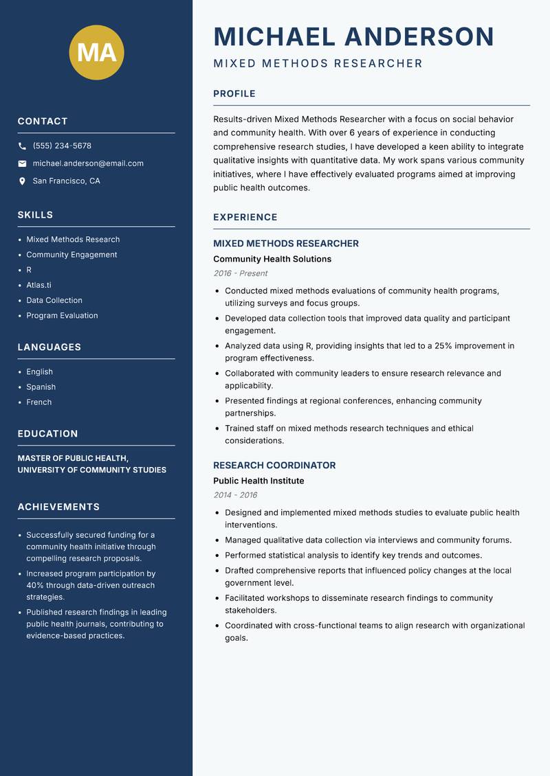 Mixed Methods Researcher resume sample — Mixed Methods Researcher focus