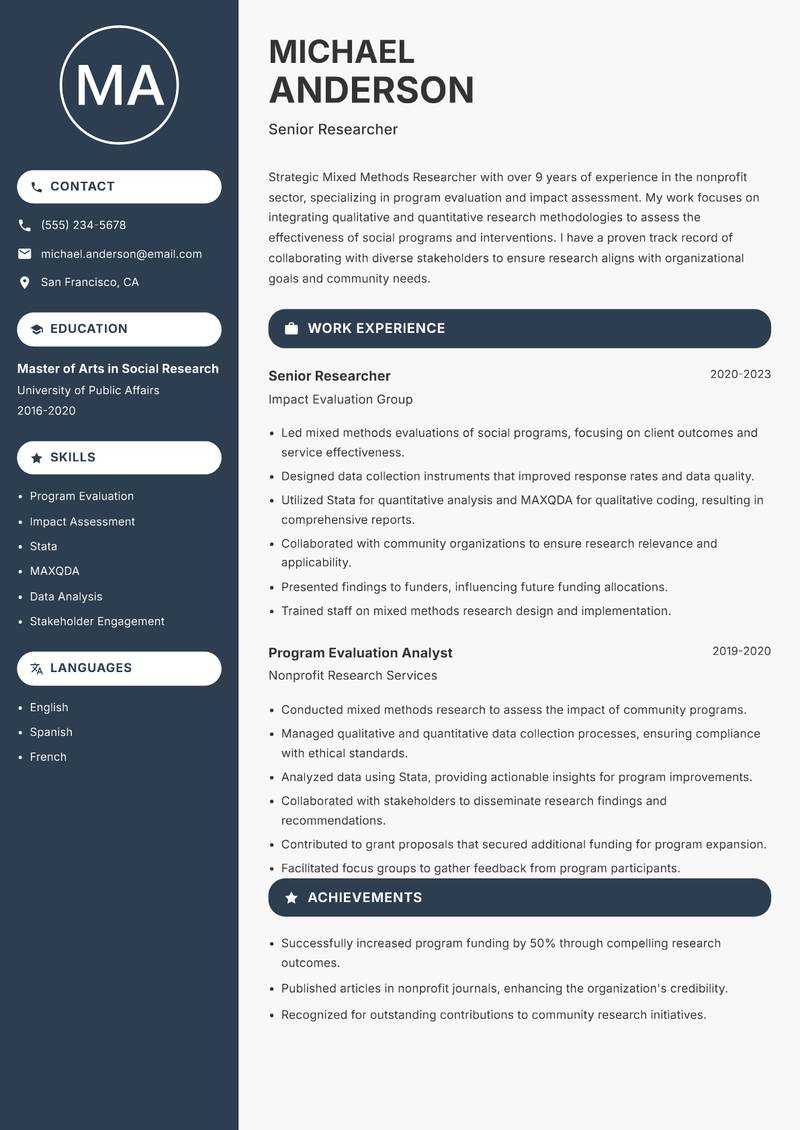 Mixed Methods Researcher resume sample — Senior Researcher focus