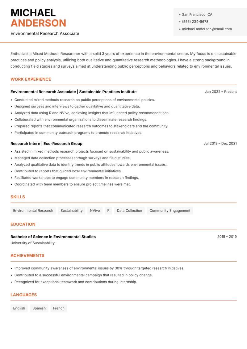 Mixed Methods Researcher resume sample — Environmental Research Associate focus