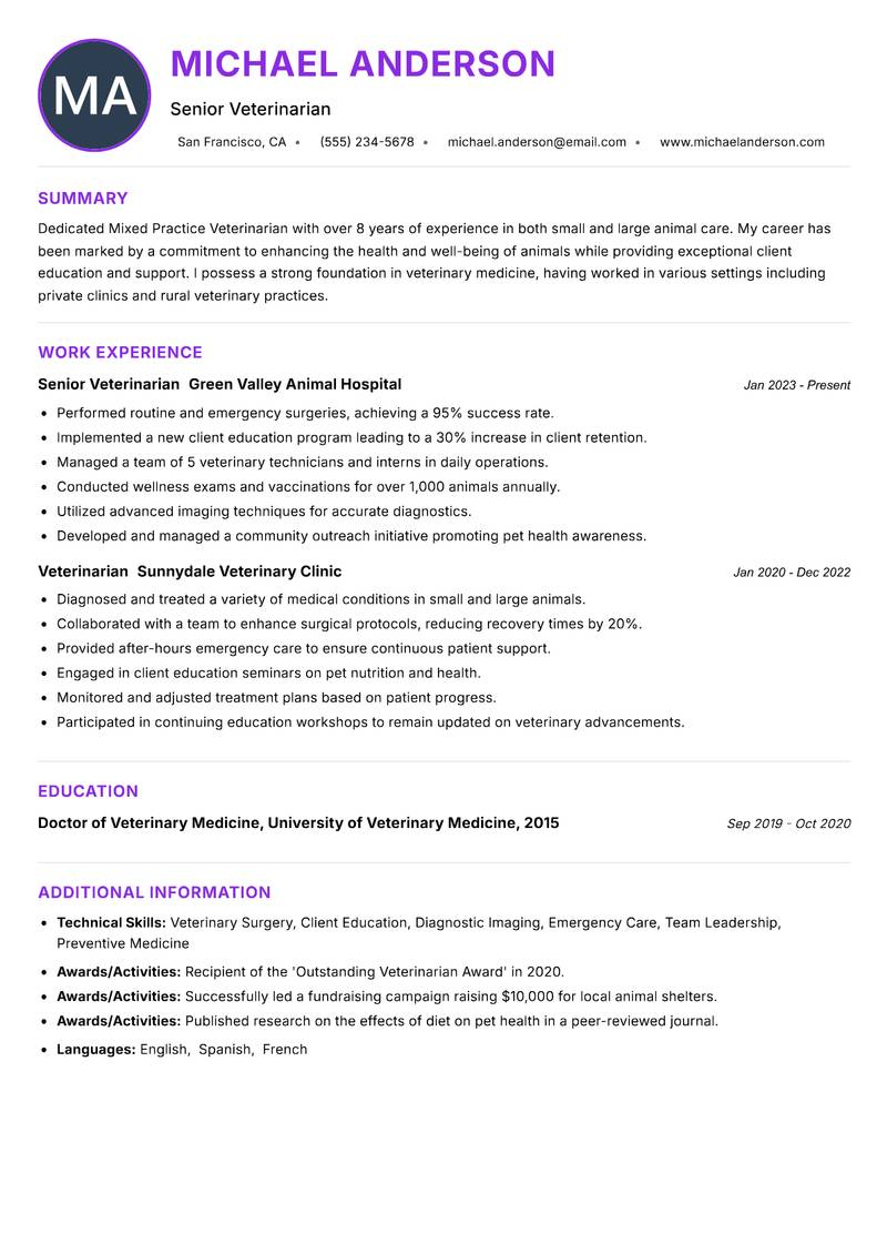 Mixed Practice Veterinarian resume example