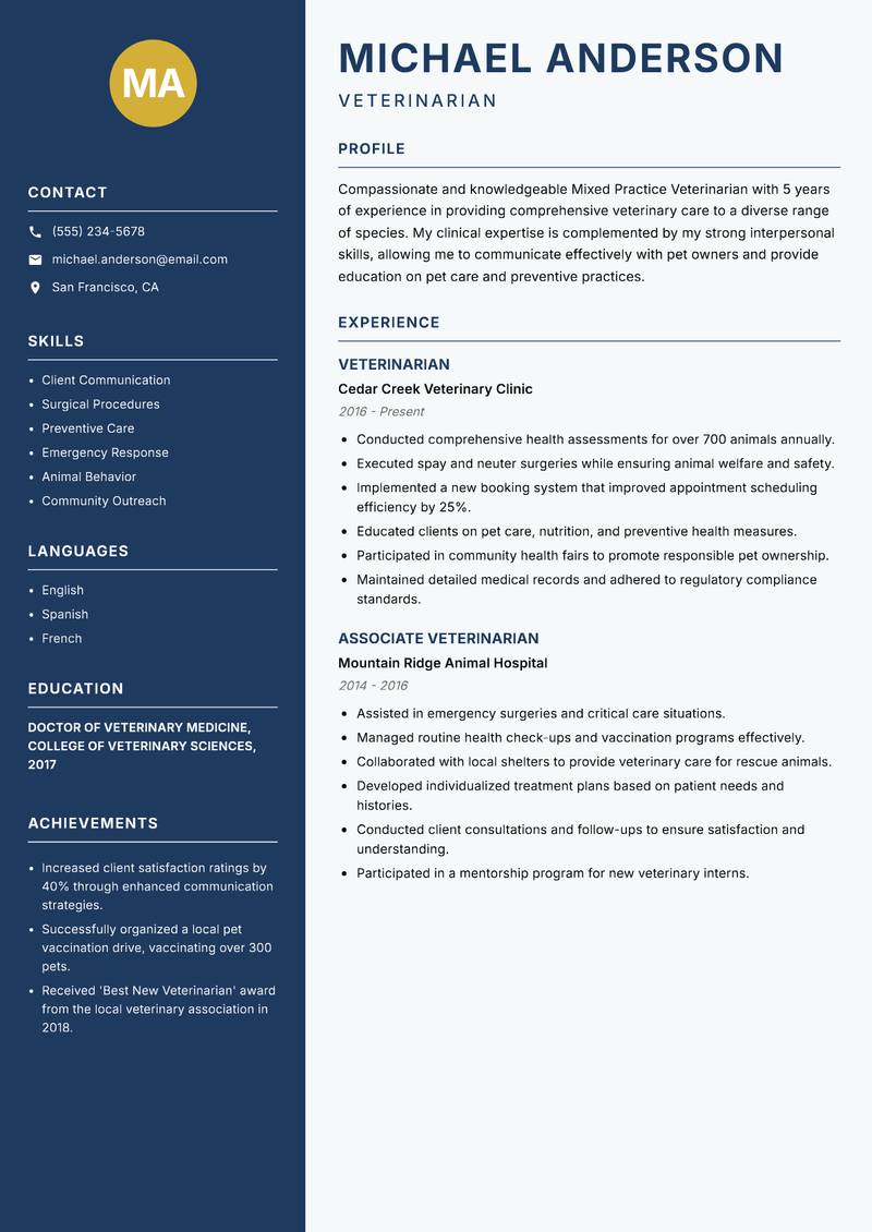 Mixed Practice Veterinarian resume sample — Veterinarian focus