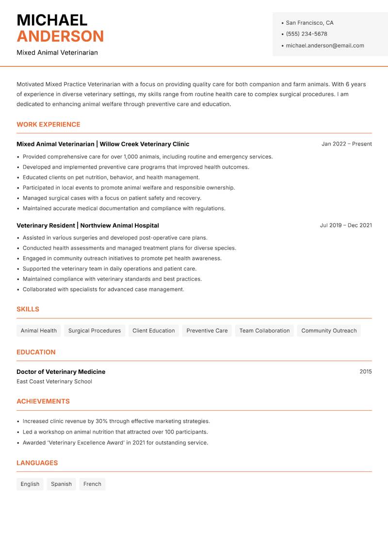 Mixed Practice Veterinarian resume sample — Mixed Animal Veterinarian focus