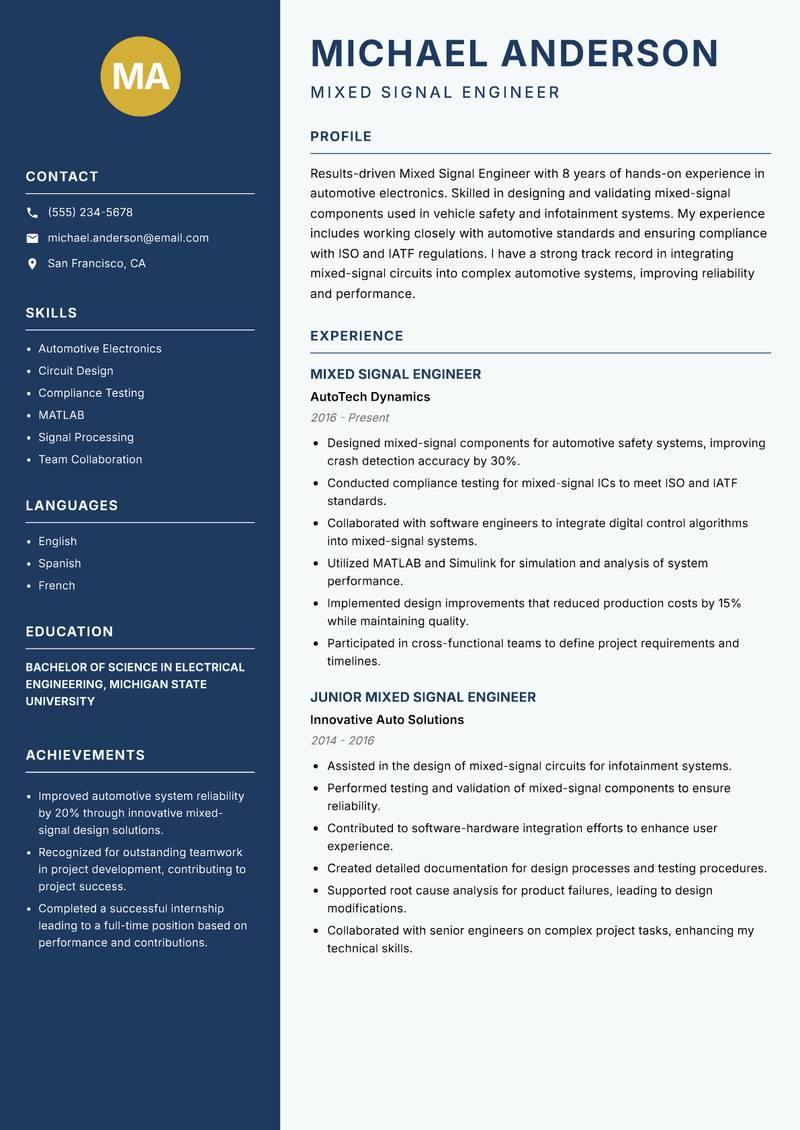 Mixed Signal Engineer resume sample — Mixed Signal Engineer focus