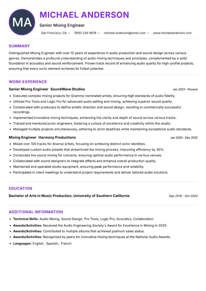 Mixing Engineer resume example
