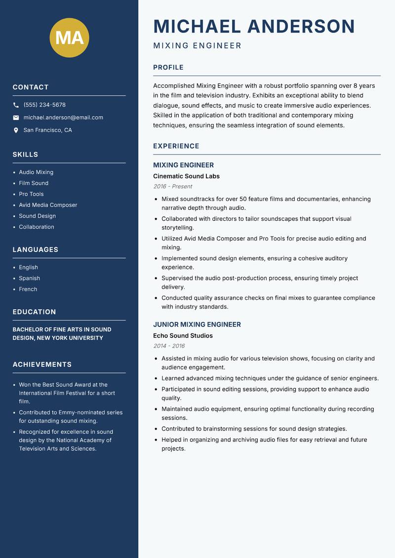 Mixing Engineer resume sample — Mixing Engineer focus