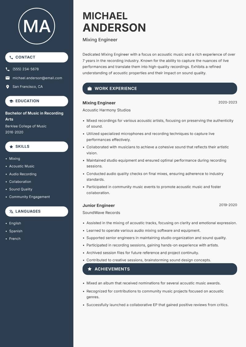 Mixing Engineer resume sample — Mixing Engineer focus
