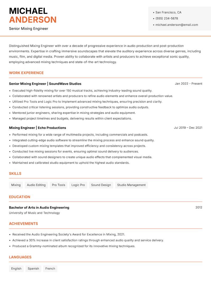 Mixing Engineer resume sample — Senior Mixing Engineer focus
