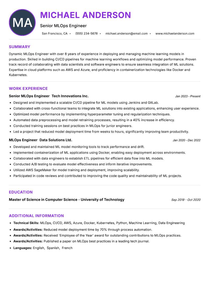 MLOps Engineer resume example