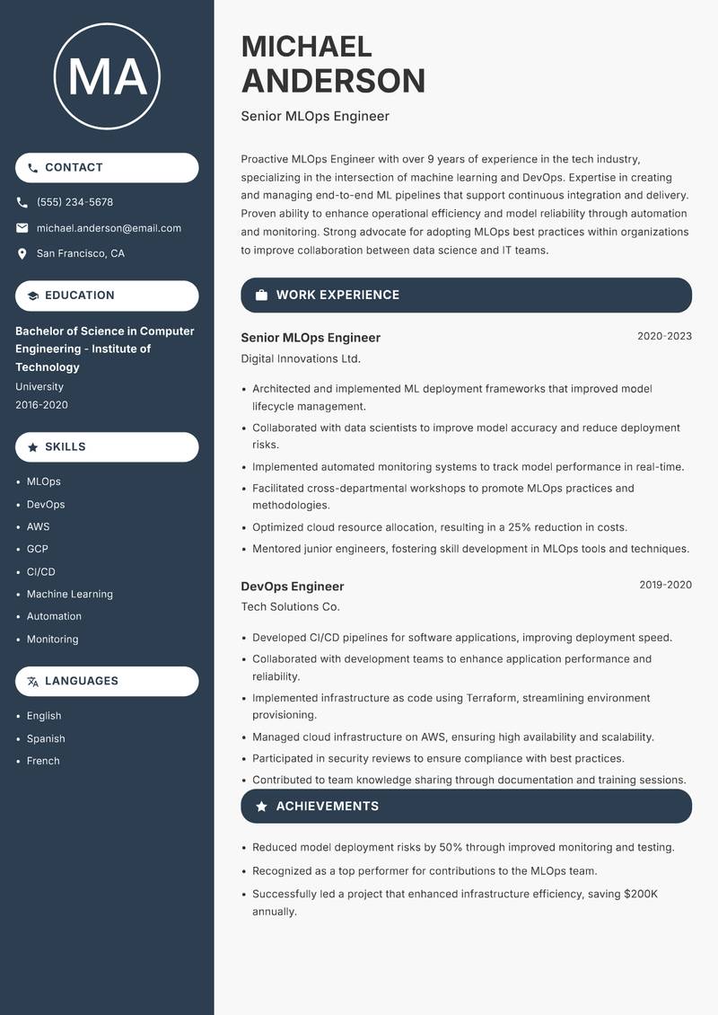 MLOps Engineer resume sample — Senior MLOps Engineer focus
