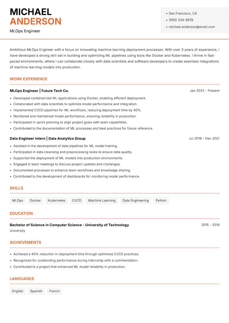 MLOps Engineer resume sample — MLOps Engineer focus