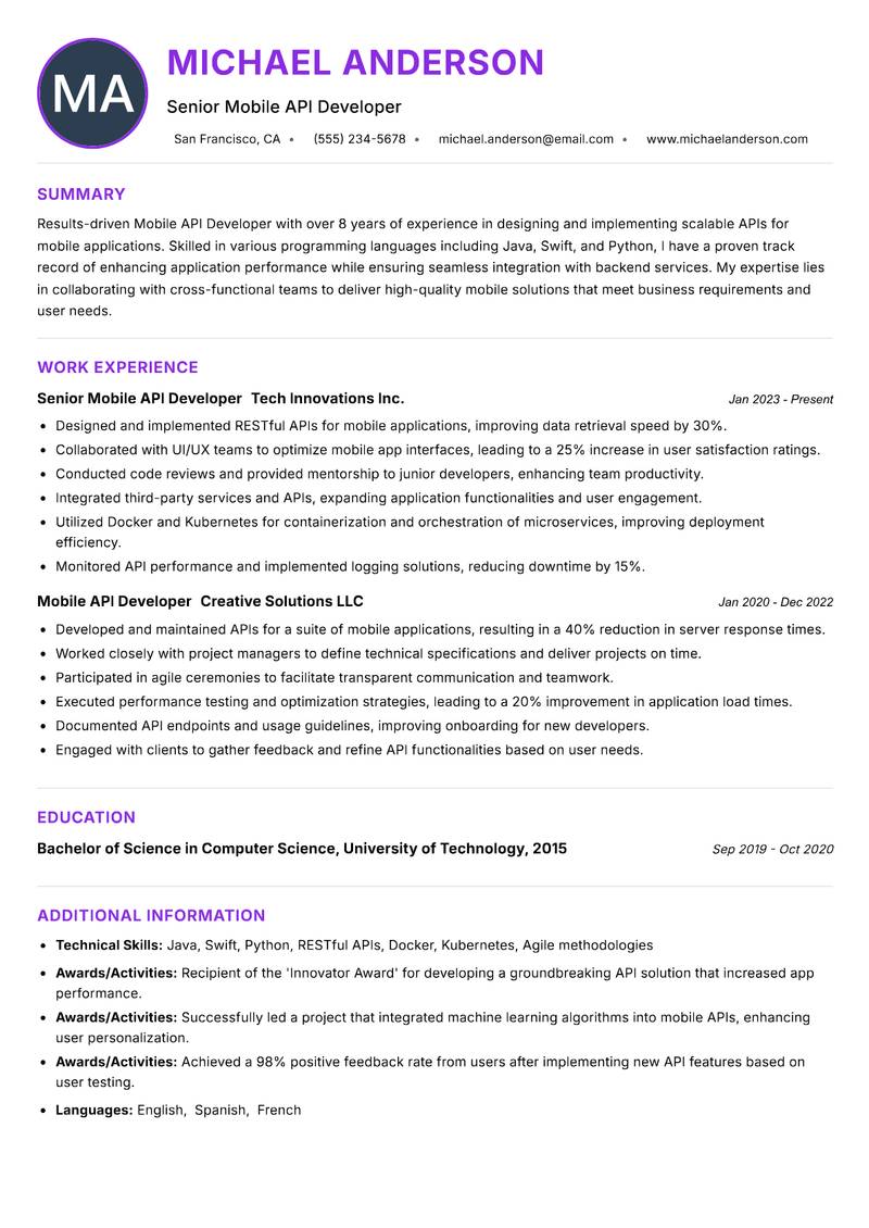 Mobile API Developer resume example