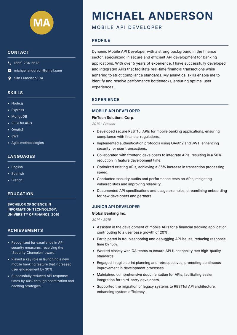 Mobile API Developer resume sample — Mobile API Developer focus