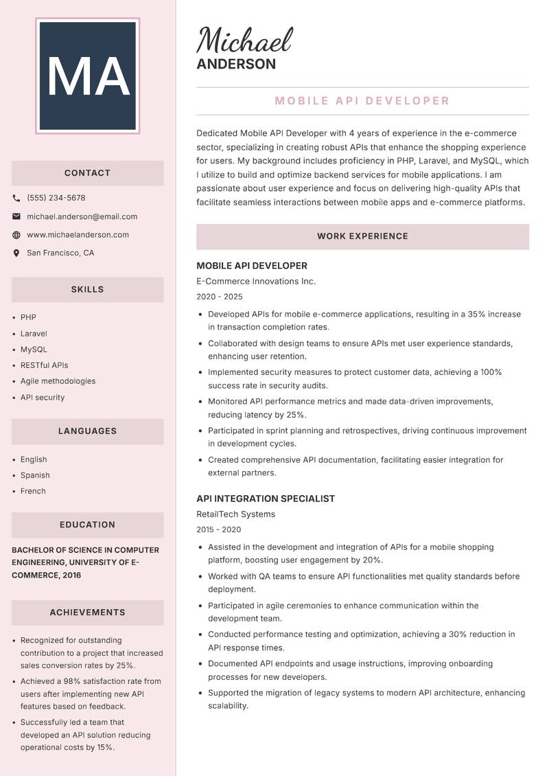 Mobile API Developer resume sample — Mobile API Developer focus