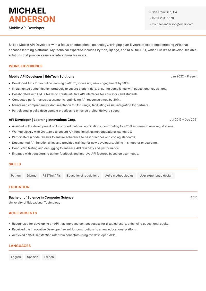 Mobile API Developer resume sample — Mobile API Developer focus