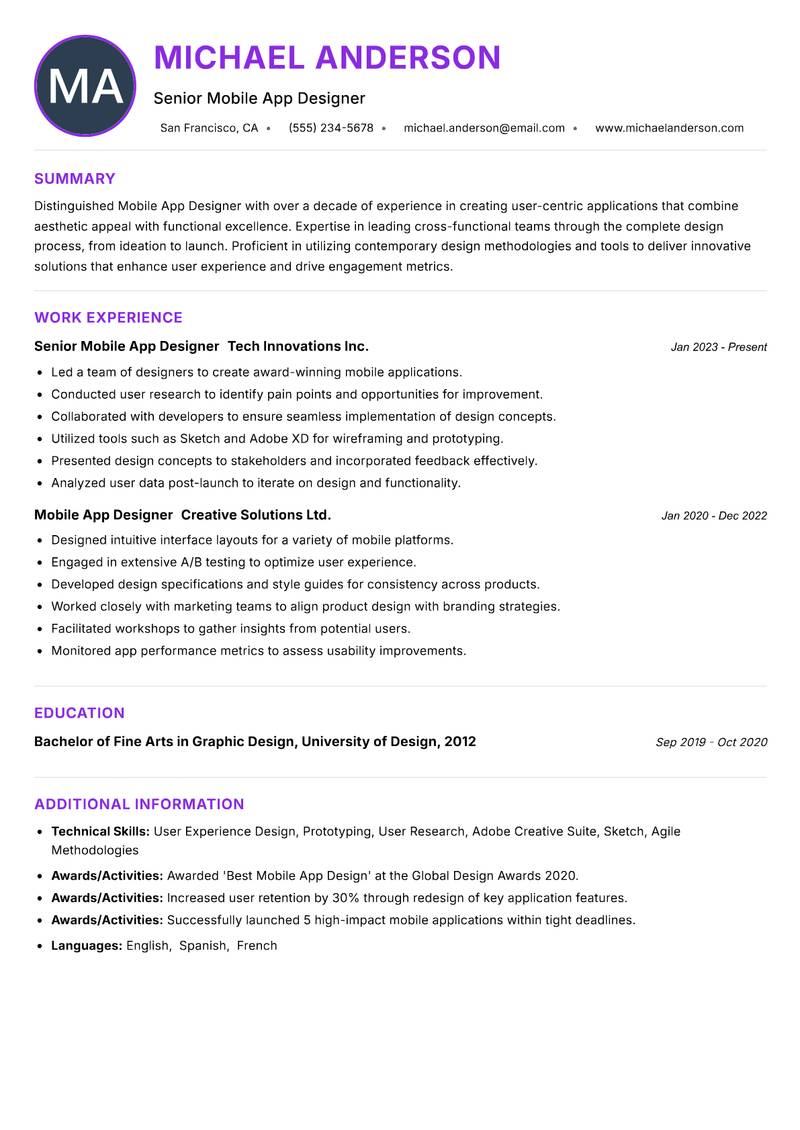 Mobile App Designer resume example