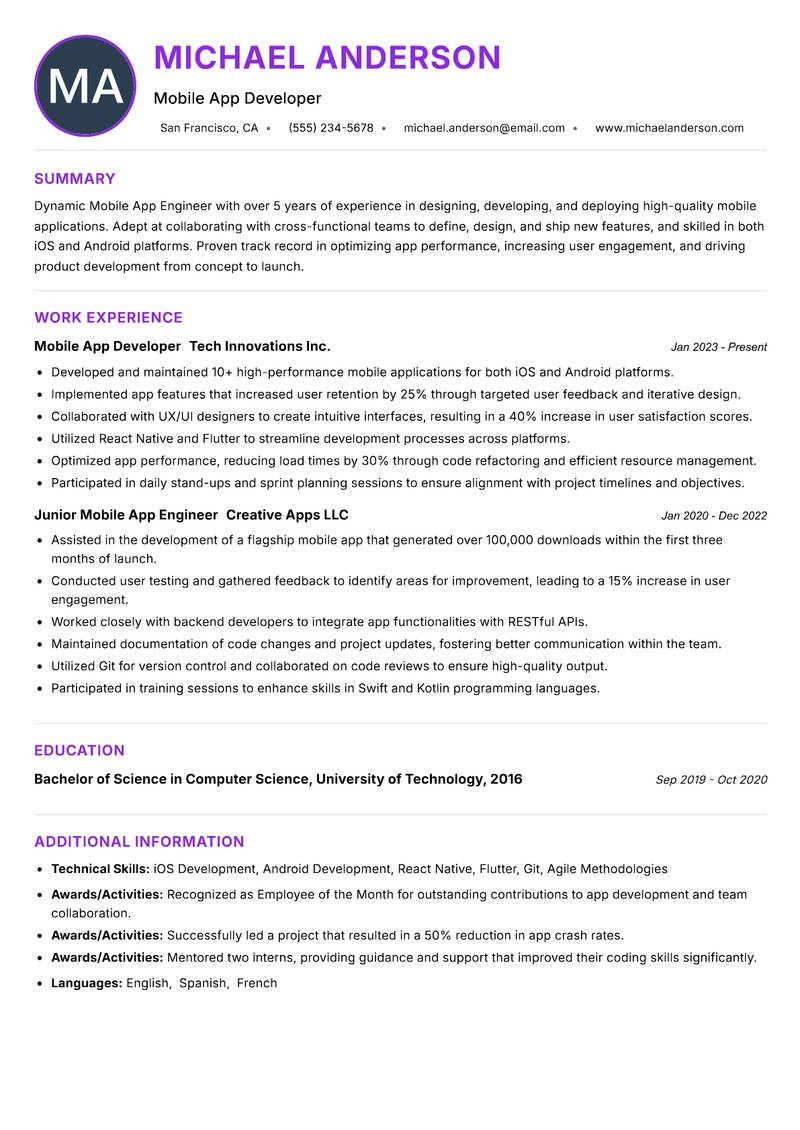 Mobile App Engineer resume example