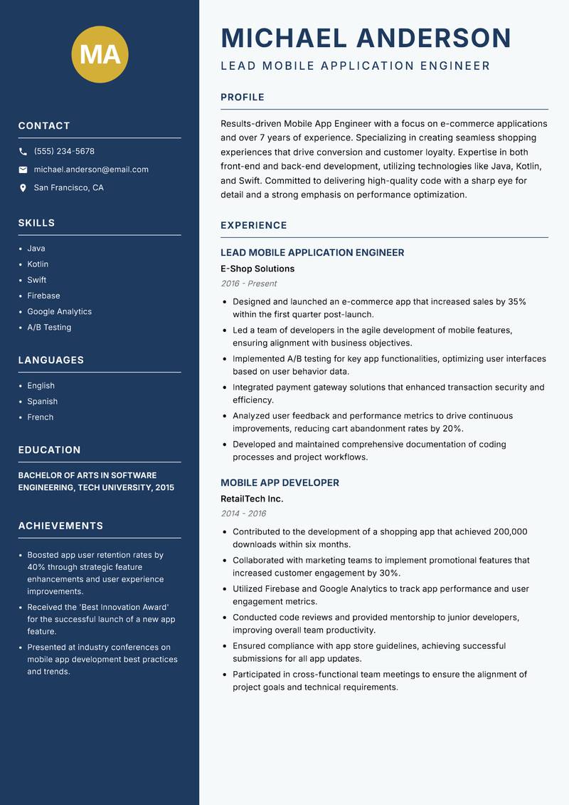 Mobile App Engineer resume sample — Lead Mobile Application Engineer focus