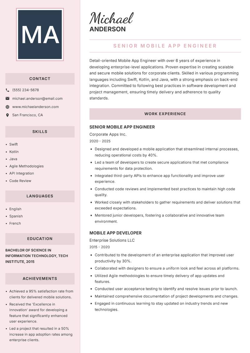 Mobile App Engineer resume sample — Senior Mobile App Engineer focus