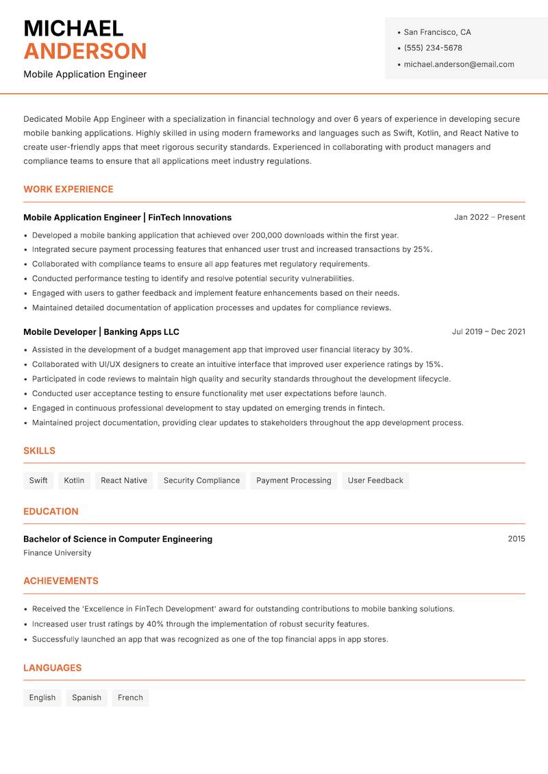 Mobile App Engineer resume sample — Mobile Application Engineer focus