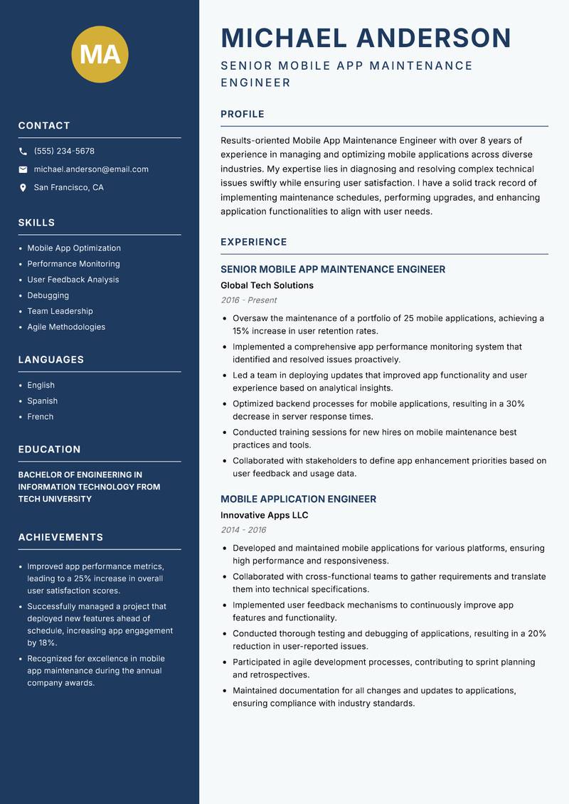 Mobile App Maintenance Engineer resume sample — Senior Mobile App Maintenance Engineer focus