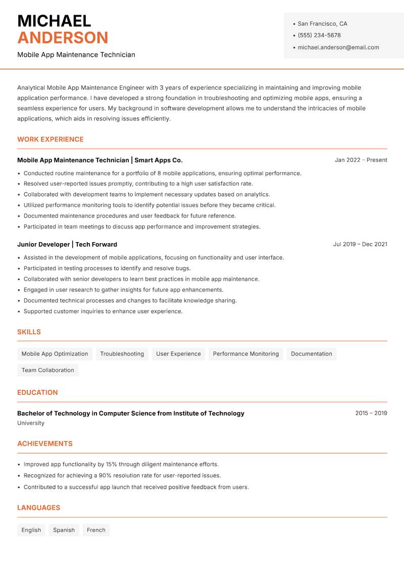 Mobile App Maintenance Engineer resume sample — Mobile App Maintenance Technician focus