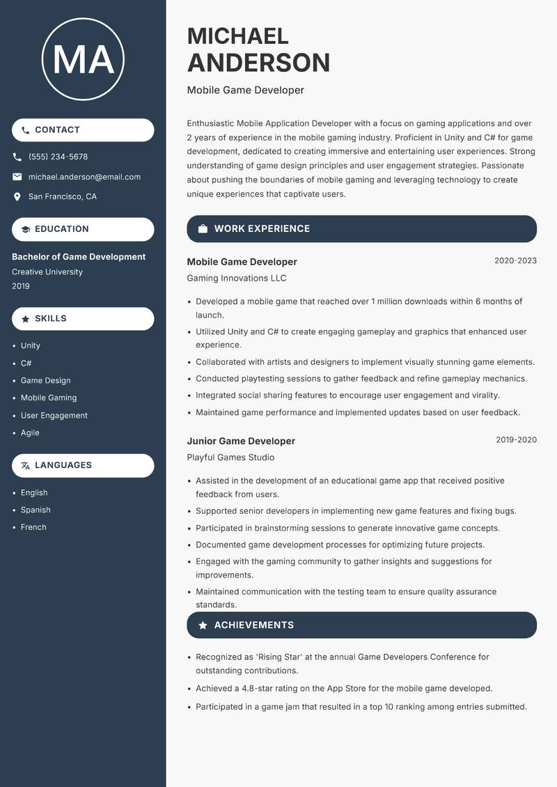 Mobile Application Developer resume sample — Mobile Game Developer focus