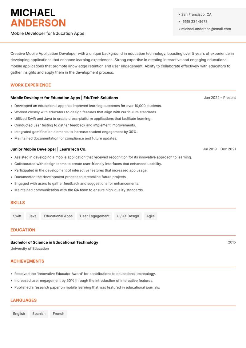 Mobile Application Developer resume sample — Mobile Developer for Education Apps focus