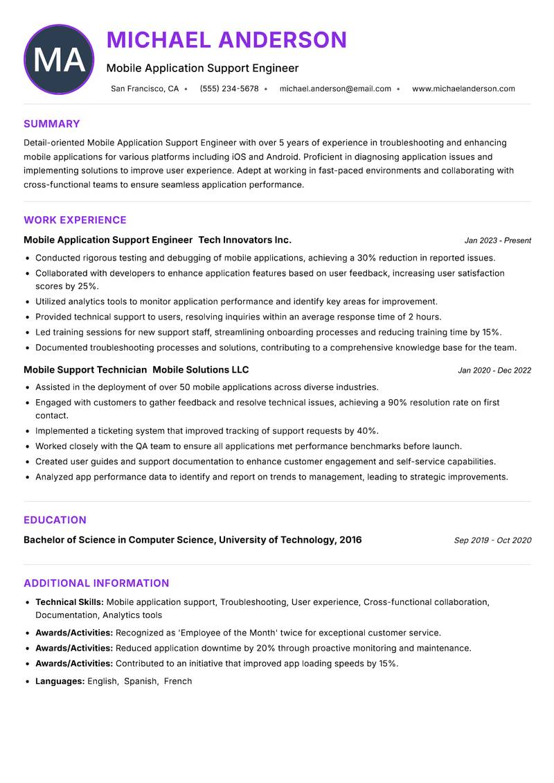 Mobile Application Support Engineer resume example