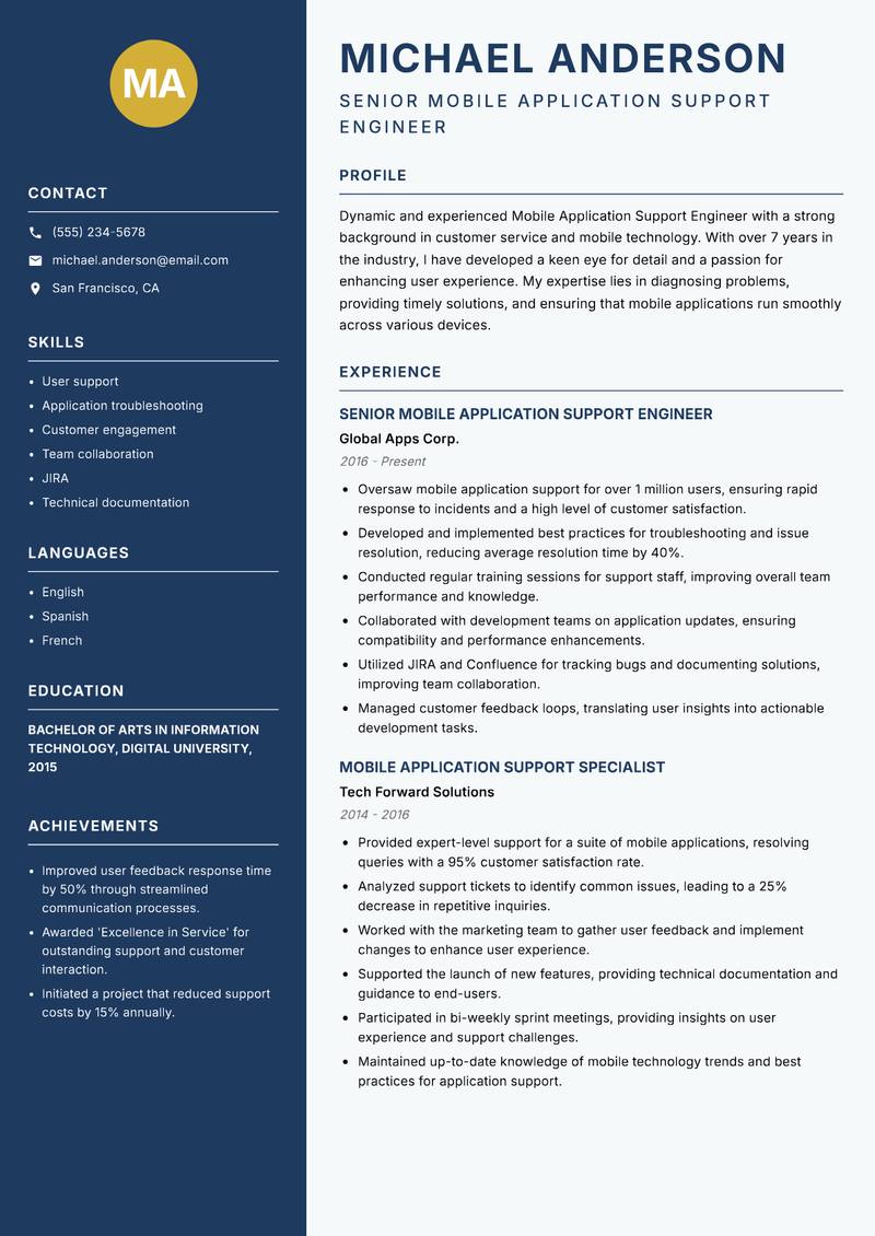 Mobile Application Support Engineer resume sample — Senior Mobile Application Support Engineer focus