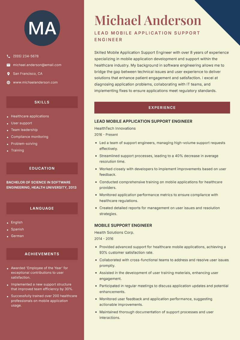 Mobile Application Support Engineer resume sample — Lead Mobile Application Support Engineer focus