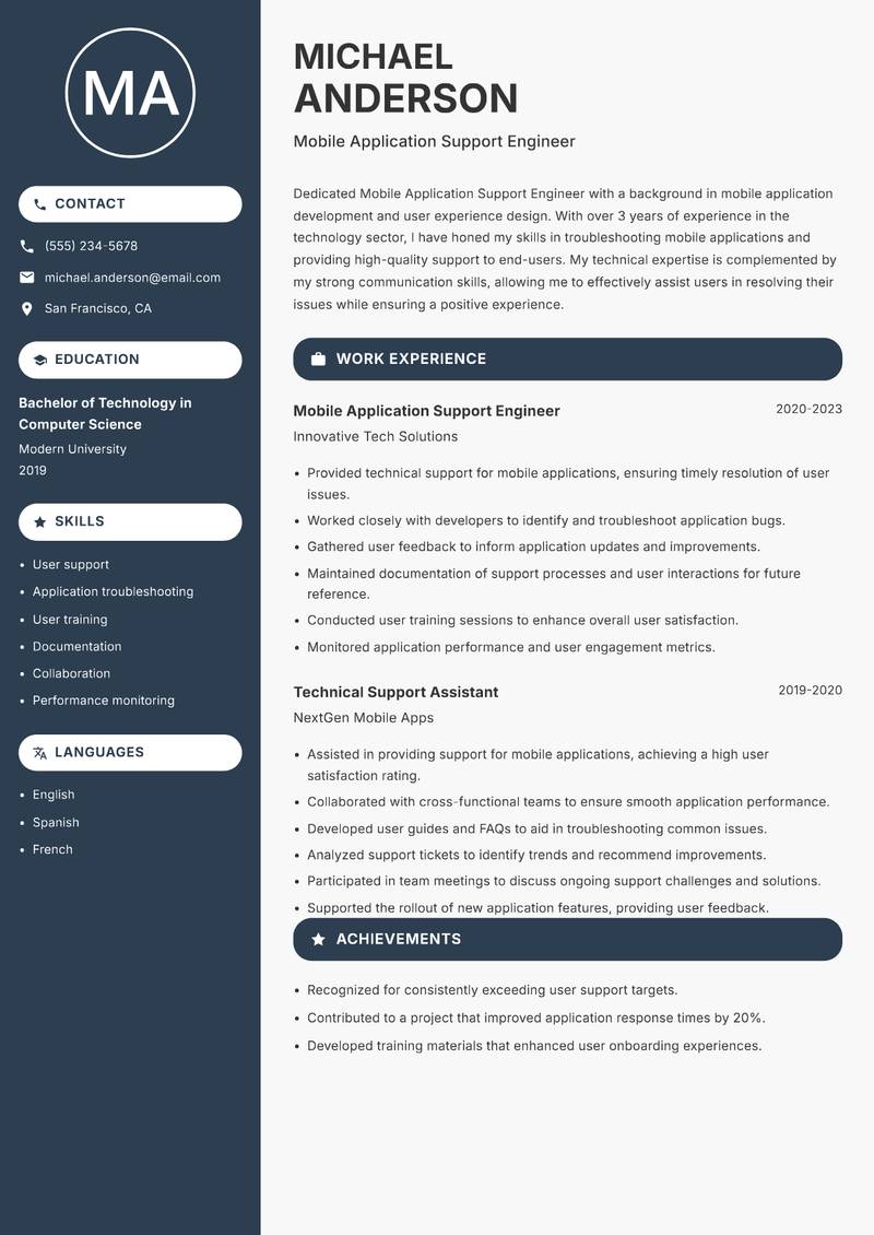 Mobile Application Support Engineer resume sample — Mobile Application Support Engineer focus