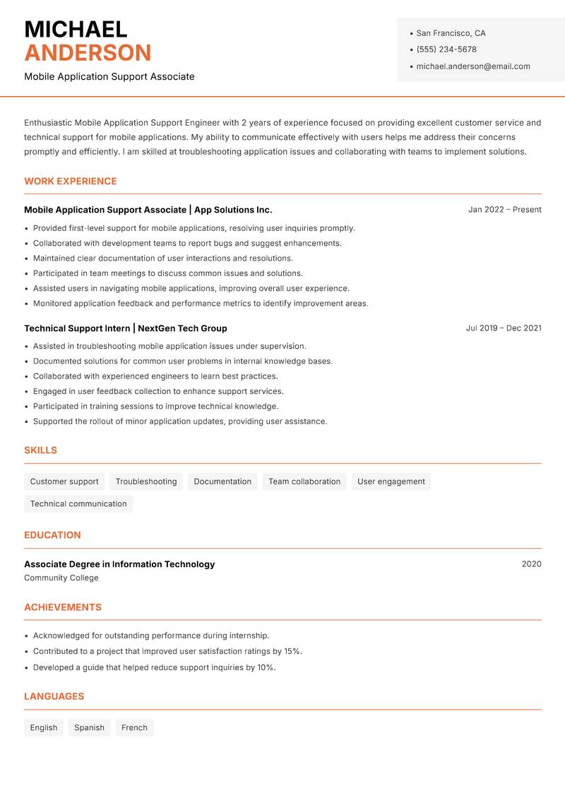 Mobile Application Support Engineer resume sample — Mobile Application Support Associate focus