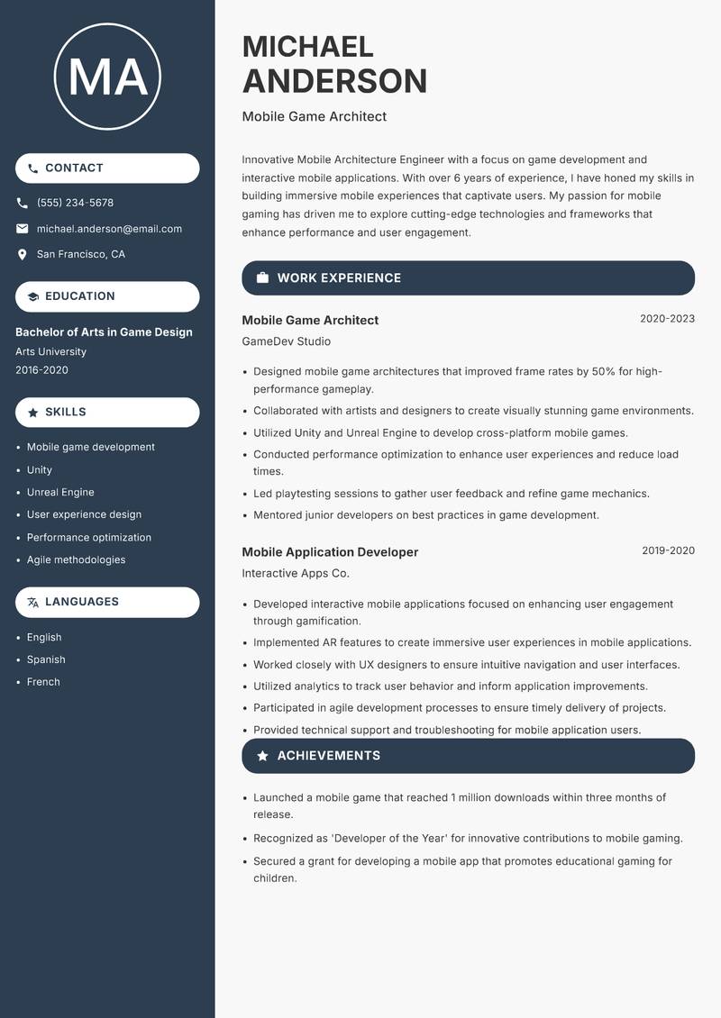 Mobile Architecture Engineer resume sample — Mobile Game Architect focus