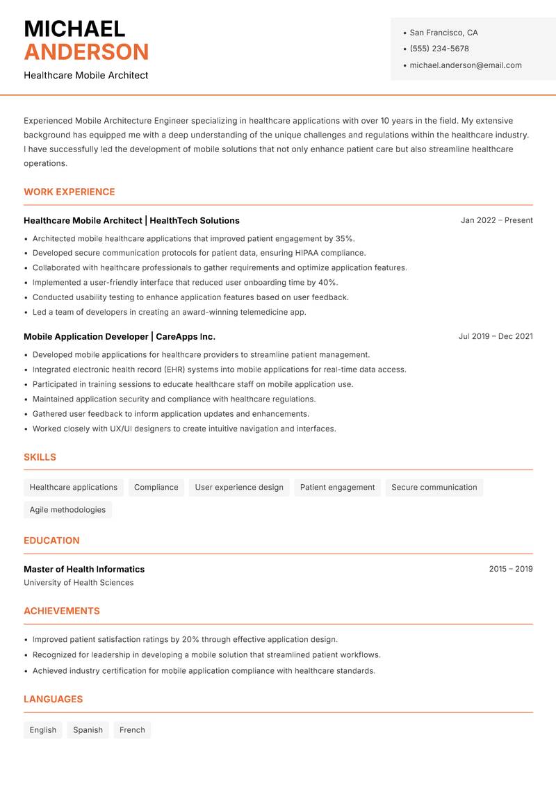Mobile Architecture Engineer resume sample — Healthcare Mobile Architect focus