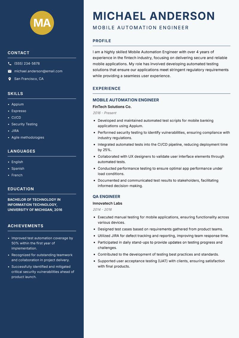 Mobile Automation Engineer resume sample — Mobile Automation Engineer focus
