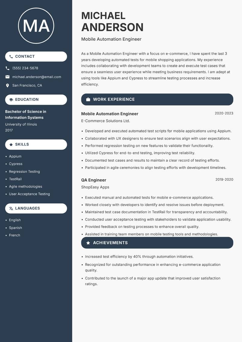 Mobile Automation Engineer resume sample — Mobile Automation Engineer focus