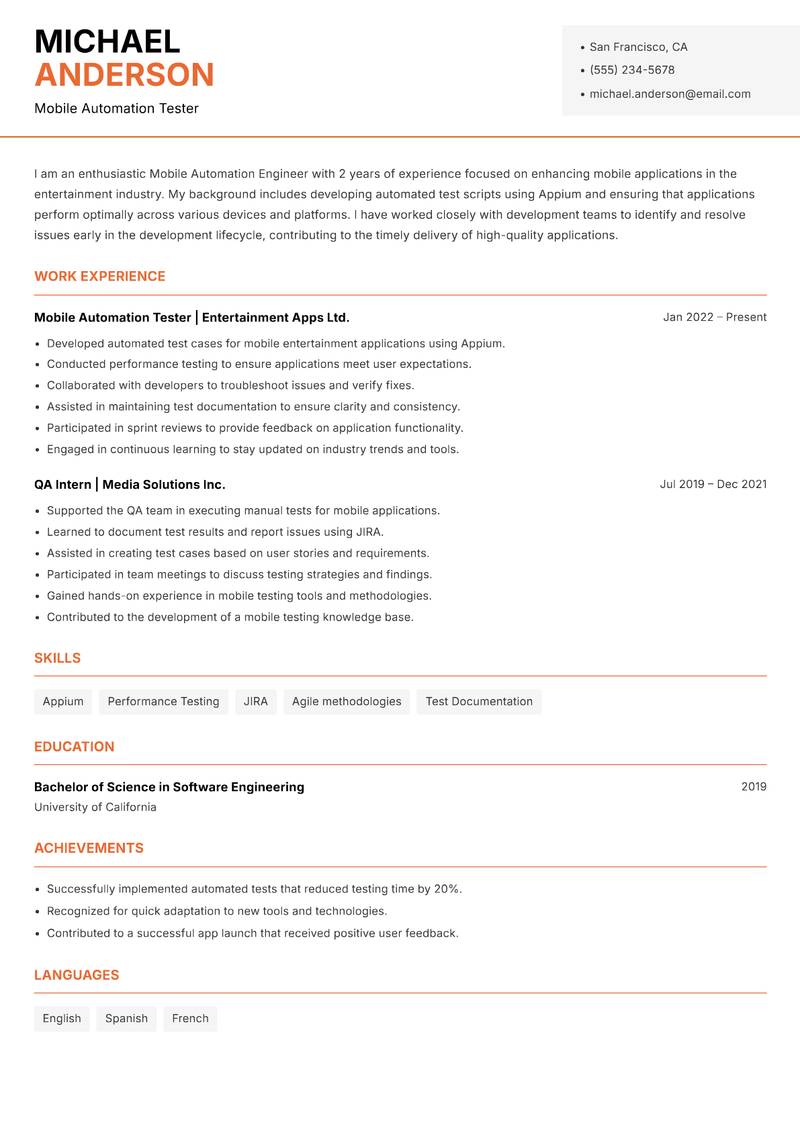 Mobile Automation Engineer resume sample — Mobile Automation Tester focus