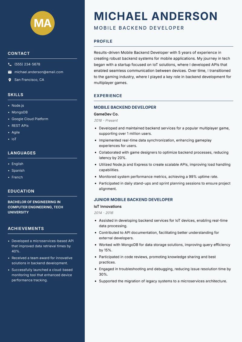 Mobile Backend Developer resume sample — Mobile Backend Developer focus