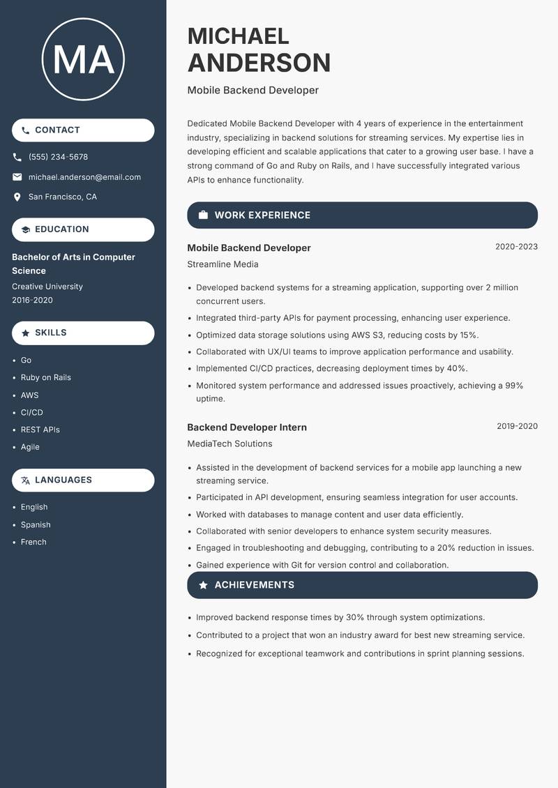 Mobile Backend Developer resume sample — Mobile Backend Developer focus