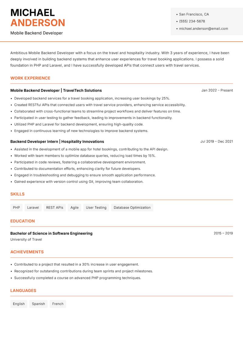Mobile Backend Developer resume sample — Mobile Backend Developer focus
