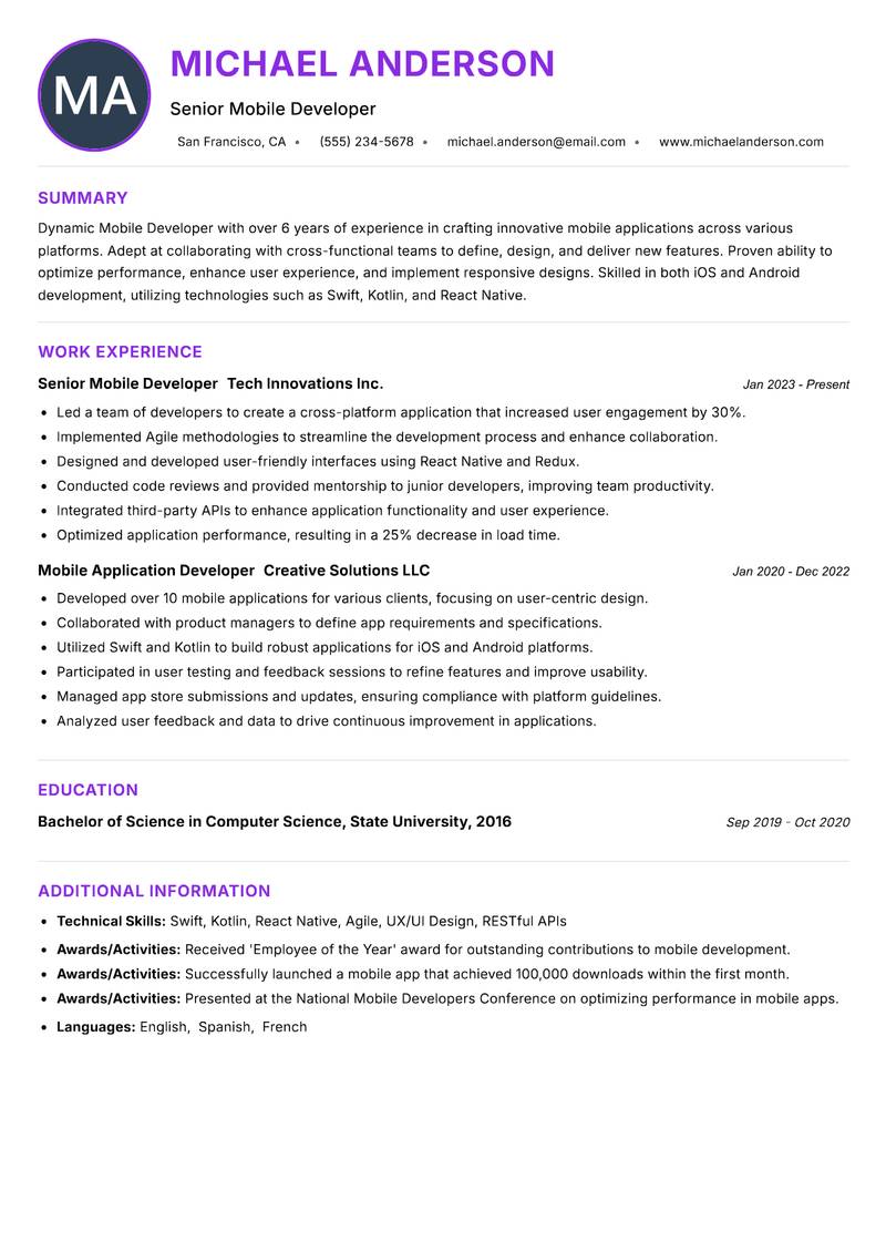 Mobile Developer resume example
